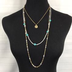 Three Chains Layered In Gold, Silver And Turquoise Colored Stones. Lucky Brand Transcendent Dreams Layered Necklace. Brand New With Tags, Store Overstock. Bohemian Blue Necklace With Pearl Chain, Blue Long Necklace For Layering, Blue Long Layering Necklace, Elegant Beaded Turquoise Layered Necklace, Elegant Turquoise Beaded Layered Necklace, Elegant Turquoise Layered Necklace, Chains Layered, Lucky Brand Jewelry, Colored Stones