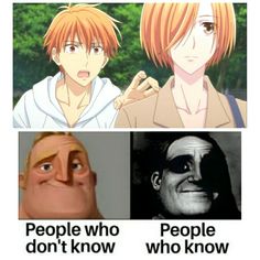 two anime characters with different facial expressions, one saying people who don't know