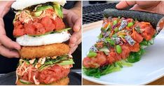 two pictures one with meat and the other with vegetables on it, both being held up by hands