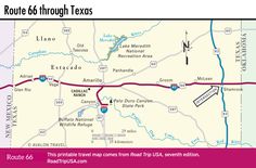 the route 66 through texas map is shown in pink and white, with an arrow pointing to