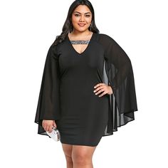 Plus Size Sequined Trim Cape Dress - Black - 3868269512 - Women's Clothing, Plus Size Women's Clothing  #PlusSizeWomensClothing #Women's #Clothing # #Plus #Size #Women's #Clothing Plus Size Club, Black Plus Size Dress, Plus Size Long Dresses, Plus Size Cocktail Dresses, Engagement Dresses, Different Dresses, Fashion Plus Size, Trendy Plus Size Clothing, Cape Dress