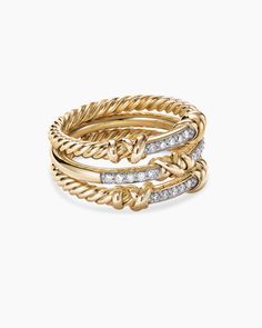 David Yurman | Petite Helena Wrap Three Row Ring in 18K Yellow Gold with Diamonds, 12mm David Yurman Ring Stack, Aquarius Sun, David Yurman Ring, Cable Bracelets, Braided Ring, David Yurman Jewelry, Ring Stack, Classy Jewelry, Stacked Jewelry