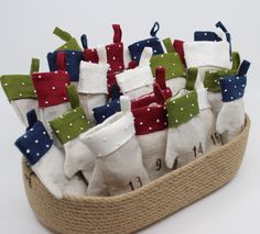 several pairs of socks are tied together in a basket