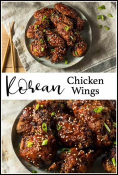 korean chicken wings with sesame seeds and green onions in the middle, on a plate