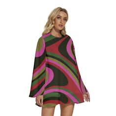 Step into the enchanting world of 70s Dress Style with our Bell Sleeve Dress, a captivating piece that encapsulates the spirit of the groovy era. This 60s 70s mini dress is a Boho Dress with a distinctive Bohemian touch, perfect for those seeking a Pink brown Hippie Dress that exudes both charm and style. The Multicolor Tent Dress features a groovy pattern print inspired by the psychedelic aesthetics of the 70s, creating a visually striking and unique look. This slip-on dress is designed for ease and comfort, complemented by bell sleeves that add a touch of vintage flair. The single button enclosure behind the neckline enhances the Bohemian feel of the dress. Crafted from chiffon and fully lined material, this Groovy 70s Style Dress ensures a luxurious feel and graceful movement. The 100% Bohemian A-line Mini Dress For Party, Retro Long Sleeve Party Dress, Retro Multicolor A-line Dress, Retro Mini Length Fall Dresses, Retro Long Sleeve Mini Dress For Fall, Fall Retro Long Sleeve Mini Dress, Multicolor Mod A-line Dress, Multicolor A-line Mod Dress, Retro Vintage Long Sleeve Dress For Party