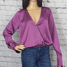 Good American Purple Long Sleeve Stretch Satin Faux Wrap Blouse Size 2 Pit To Pit: 20" Length: 21" Thank You For Checking Out My Closet Any Reasonable Offer Accepted! I Ship Daily During The Weekdays. Black Blouse Short Sleeve, Printed Chiffon Blouse, White Sheer Top, Offer Accepted, Long Sleeve Wrap Top, Sheer Sweater, Corset Style Tops, American Casual, Dressy Blouse