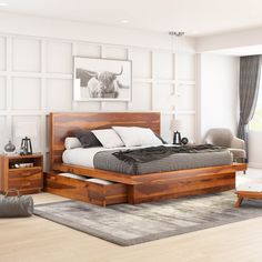 a bedroom with white walls and wood furniture