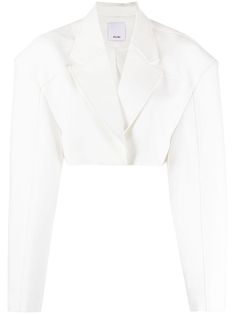 ivory white notched lapels structured shoulders long sleeves concealed front button fastening cropped straight hem White Cropped Blazer For Office, Chic White Cropped Jacket For Office, White Tailored Cropped Blazer, Fitted Cropped Jacket With Hidden Button Closure, White Blazer With Structured Boning And Lapel Collar, White Structured Long Sleeve Outerwear, White Structured Boning Long Sleeve Outerwear, White Cropped Formal Outerwear, Formal White Cropped Outerwear