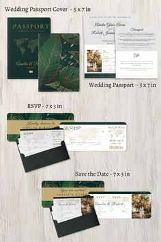 the wedding stationery is shown in green, gold and white with palm leaves on it