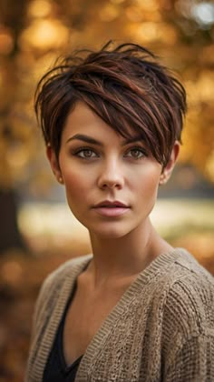 Trendy Soft Waves with Dark Fall Hair Colors 2024 🍂 Pixie Messy Hair, Short Hair Middle Part Hairstyles, Lowlights For Brown Hair Short, Short Hair Dark Brown With Highlights, Versatile Pixie Haircut, Fall Pixie Hair Color For Brunettes, Winter Pixie Haircut, Dark Gray Hair Color Ideas, Short Dark Brown Hair With Highlights And Lowlights