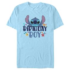 Ohana means family, and family means no tee gets left behind! Find the perfect style for your special day with this officially licensed Men's Disney Lilo & Stitch Floral Birthday Boy Graphic T-Shirt! This design features Stitch peeking over the phrase: "Birthday Boy" in shades of blue, surrounded by colorful flowers across the front. Celebrate a certain alien, otherwise known as Experiment 626 in style this year with new hilarious apparel from the movie! Disney Cotton T-shirt For Birthdays, Disney Crew Neck Top For Birthday, Blue T-shirt For Father's Day Birthday, Experiment 626, Ohana Means Family, Floral Birthday, Sleeve Packaging, Lilo Stitch, Graphic Tee Design