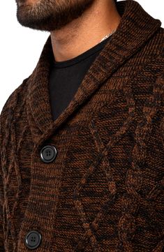 A super soft, plush knit sweater with a buttoned down front will keep you feeling snugly warm during any chilly day. Fit: this style fits true to size. 30" length (size L) Shawl collar Long sleeves Front button closure Cable knit construction Ribbed trim 70% acrylic, 30% polyester Dry clean only Imported Model stats: 6'1" height, 32" waist. Model is wearing size L. Casual Brown Sweater Coat, Casual Brown Knit Sweater Coat, Casual Brown Winter Cardigan, Winter Cable Knit Sweater Coat With Button-up, Casual Winter Sweater With Button Closure, Button Closure Cardigan For Cold Weather In Fall, Fall Cardigan With Button Closure For Cold Weather, Knit Sweater Coat With Button Closure For Fall, Brown Button-up Sweater Coat For Winter