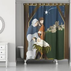 a shower curtain with a nativity scene on it