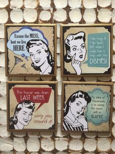 four coasters that have different types of women's faces and words on them