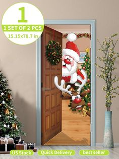 an image of santa clause coming out of the door with christmas tree and presents behind it