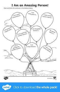 a coloring page with balloons and the words i am an amazing person on it, in black and white