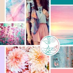 a collage with pink flowers and blue sky