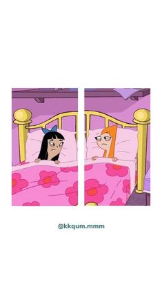 two pictures of cartoon characters in bed with pink bedspread and yellow headboards