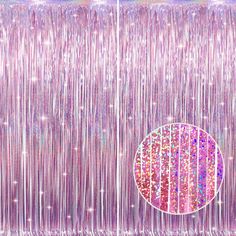 a pink background with fringes and a circle in the center, surrounded by stars