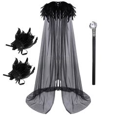 three pieces of black gauze with feathers on them and two wands attached to it