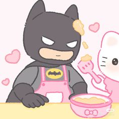 a cartoon cat eating cereal from a pink bowl next to a batman character holding a spoon