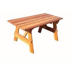 a wooden picnic table sitting on top of a white background