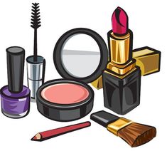 an assortment of cosmetics and makeup products on a white background, including lipstick, eyeliners, mascara, mirror and brush