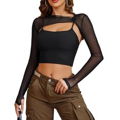 Material: Crafted From Sheer Mesh Fabric, This Long Sleeve Crop Top Exudes Allure And Sexiness. On The Other Hand, The Cami Top Is Designed With A Thick And Durable Fabric To Ensure It Is Not Easily See-Through Or Revealing. Both Tops Are Stretchy, Soft, Lightweight, And Breathable, Providing Ultimate Comfort. Two Piece Crop Top Outfitsfashionable And Trendy, This 2-Piece Clubwear Set Features A Solid Crop Top And A Cami Top. The Mesh Sheer Design Adds A Touch Of Allure, While The Long Sleeves W Edgy Spring Tops With Built-in Bra, Summer Party Cami Mesh Top, Summer Party Mesh Cami Top, Fitted Black Tank Top For Fall, Fitted Spaghetti Strap Tops For Fall, Fitted Tops With Spaghetti Straps For Fall, Edgy Black Camisole Top, Black Mesh Crop Top For Summer, Summer Camisole Mesh Top For Night Out