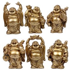 six golden buddha figurines are shown in various poses and sizes, including one holding a kettle