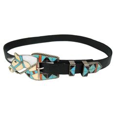 Sterling Silver Southwestern Belt, made by L H Zunie- This is all handmade by the famed silversmith team Specializing in inlay, Lincoln and Helen Zuni stamped their work with H-L ZUNIE. Mother-of-pearl, jet, turquoise, silver, coral, shell- Buckle measures 2.14 in. x 8.5 in. This is out of a massive collection of Contemporary designer clothing as well as Hopi, Zuni, Navajo, Southwestern, sterling silver, costume jewelry and fine jewelry from one collector. Be sure to check our storefront for mor 1920s Accessories, Cowboy Gear, Zuni Jewelry, Wide Leather Belt, Designer Belts, Sterling Jewelry, Vintage Belts, Park Avenue, American Jewelry