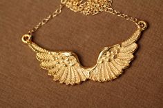 Wing necklace guardian angel necklace gold wings by BubuRuby Elegant Wing-shaped Gold Jewelry, Elegant Gold Wing-shaped Jewelry, Angelic Gold Necklaces As Gifts, Angelic Gold Necklaces For Gifts, Angelic Gold Necklace For Gift, Elegant Winged Gold Jewelry, Elegant Gold Winged Jewelry, Angelic Gold Pendant Necklace, Elegant Gold Angel Wings Necklace