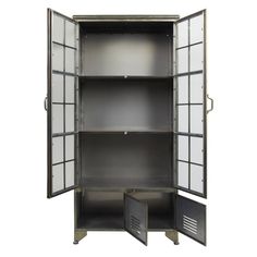 an open metal cabinet with doors and drawers