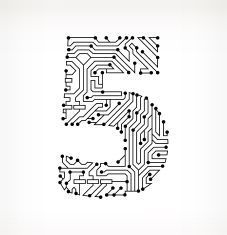 the letter e is made up of electronic circuit boards and letters that are printed in black ink