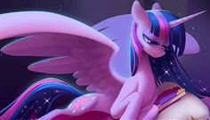 a pink and blue pony with wings sitting on top of a bed in front of a night sky