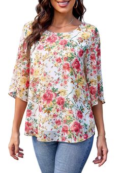 PRICES MAY VARY. Women Chiffon Blouse is Lightweight, soft and breathable, there are two layers fabric, very Comfortable to wear. Wide-cut blouse made from lightweight semi-transparent chiffon material. The chiffon fabric very hard to form wrinkles on the top. The drooping style is great, you will have a beautiful and romantic looking on it. Features: Casual Chiffon Blouse, Scoop Neck, Half Ruffle Split Sleeve, 3/4 Sleeve tops, Chiffon shirts loose fit. Unique 3/4 Ruffle Sleeve, the sleeves are Summer Blouses For Women, Outer Chiffon, Casual Chiffon Blouse, Womens Blouses Summer, Chiffon Shirts, Cut Blouse, Chiffon Shirt Blouse, Women Chiffon Blouse, Split Sleeve