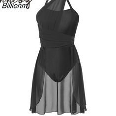 a women's black and grey halter dress with sheer mesh overlays