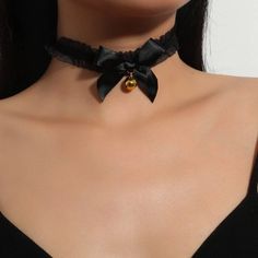 This Cute Bell Lace Choker Is A Wonderful Addition To Your Wardrobe And Your Style! A Pretty And Unique Wear; Sure To Get Lots Of Compliments! Great For Fancy Events, Halloween, Cosplay, Festivals, Or Anytime! Nr-5 Gshmvw00400mm1l-1 Gshmvm00t000her-1 Bell Choker, Choker Outfit, Gothic Choker Necklace, Bow Choker, Goth Choker, Black Lace Choker, Ribbon Choker, Gothic Chokers, Ribbon Jewelry