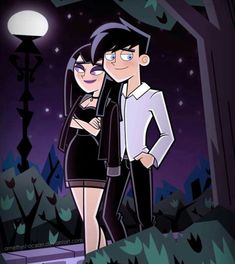 an animated couple standing next to each other in front of a street light at night