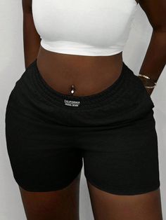 Women Casual Basic Sports Elastic Waist Pocket Jogging Shorts In Sweatshirt Material Black Casual   Knitted Fabric Letter,Plain Track Shorts Slight Stretch  Women Clothing, size features are:Bust: ,Length: ,Sleeve Length: Jogging Shorts, Fabric Letters, Track Shorts, Black Casual, Women Clothing, Womens Bottoms, Jogging, Sweat Shirt, Knitted Fabric