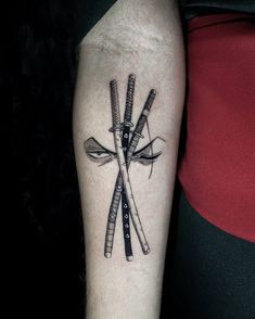 Zoro tattoo Tattoo Ideas For Men One Piece, Zoro 3 Swords Tattoo, Small Zoro Tattoo, One Piece Zoro Tattoo Design, Zoro Ashura Tattoo, Zoro Enma Tattoo, Zoro Swords Drawing, Tato One Piece, Sao Tattoo Ideas