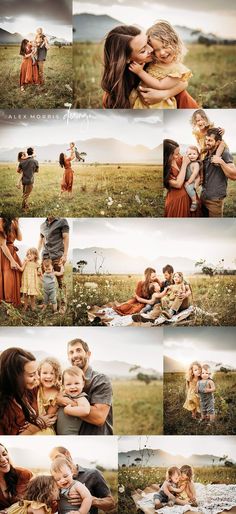 a collage of photos with people in the grass and one woman hugging her child