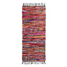 a multicolored rug with fringes on the top and bottom, against a white background