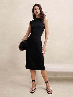 Sculpted Knee-Length Sheath Dress | Banana Republic Factory Sleeveless Sleek Dresses With Flattering Silhouette, Flattering Sleeveless Midi Dress For Evening, Flattering Sleeveless Midi Dress For Night Out, Flattering Sleeveless Evening Dress, Sleek Sleeveless Mini Dress For Cocktail, Chic Sleeveless Evening Dress With Back Zipper, Sleek Sleeveless Dress With Back Zipper, Elegant High Neck Sleeveless Bodycon Dress, Flattering Sleeveless Dress For Date Night