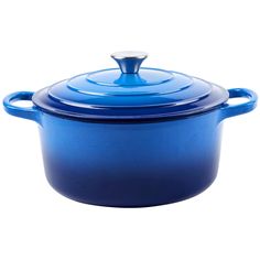 a blue casserole with a lid