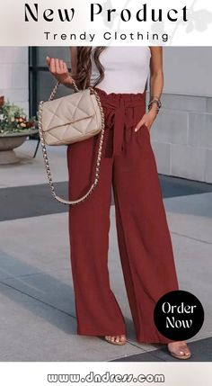 Loose Solid Color Lace-up Casual Trousers Red Non-stretch Bottoms For Day Out, Non-stretch Red Bottoms For Day Out, Chic Solid Color Bottoms For Going Out, Chic Bottoms For Going Out In Solid Color, Casual Solid Wide Leg Pants For Going Out, Casual Wide Leg Pants For Going Out, Chic Solid Color Bottoms For Day Out, Elegant Bottoms For Going Out In Solid Color, Casual Wide Leg Pants For Summer Going Out