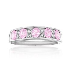 Ross-Simons - 1.20ct t. w. Pink Sapphire Ring, Diamond Accents in 14kt White Gold. Size 7. Lighten your look with pretty pink sapphires! Our classic band parades 1.20 ct. t. w. oval pink sapphires around the finger in 14kt white gold with petite diamond accents sparkling in between. 3/16" wide. Pink sapphire ring. Pink Sapphire Ring, Sapphire Color, Fine Jewelery, Ring With Diamond, Natural Gold, Ring Diamond, Pretty Pink, White Metal, Gold Details