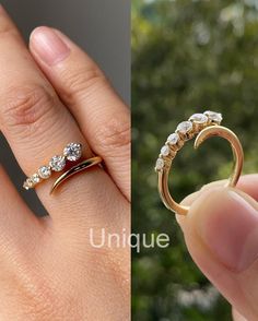 two different views of the same ring, one with three stones on each side and one without