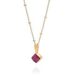 A stunning birthstone jewellery piece with a diamond-shaped cut Garnet gemstone for January birthstone that boasts deep red hues. The gemstone is handset into sterling silver and gold plated and paired with an 18" satellite chain, adding elegance and class to the design. Artisan crafted and an excellent personalised birthday gift option, this necklace is imbued with the natural beauty and lasting significance of the Garnet gemstone.  Garnet: reduce inflammation | detoxify | energise We want your jewellery to stay in great condition so you can enjoy it for years to come. With some simple steps you can help prolong the life of your pieces. Remove your jewellery daily, put it on as the last step when getting ready and the first thing you take off at the end of the day. Avoid spraying with per Yellow Gold Ruby Gemstones With Accents, Dainty Gold Plated Birthstone Gemstone Necklace, Dainty Gold Plated Birthstone Necklace, Elegant Red Polished Gemstones, Fine Jewelry Ruby Gift, Formal Garnet Jewelry With Bezel Setting, Gold-plated Birthstone Necklace With Gemstones, Elegant Pendant Birthstone Necklace With Bezel Setting, Elegant Birthstone Pendant Necklace With Bezel Setting