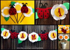 ladybug birthday banner made out of paper flowers and daisies with the number 1 on it