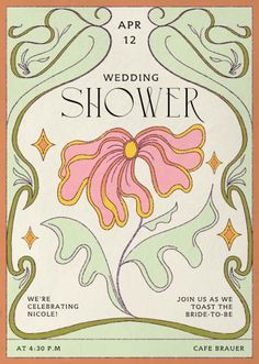 a poster for the wedding shower with a pink flower on it's front cover